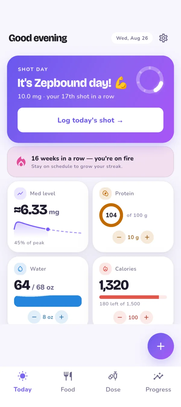 The Today
        screen: a shot due today, a 16-week streak, and cards for medication
        level, protein, water and calories.