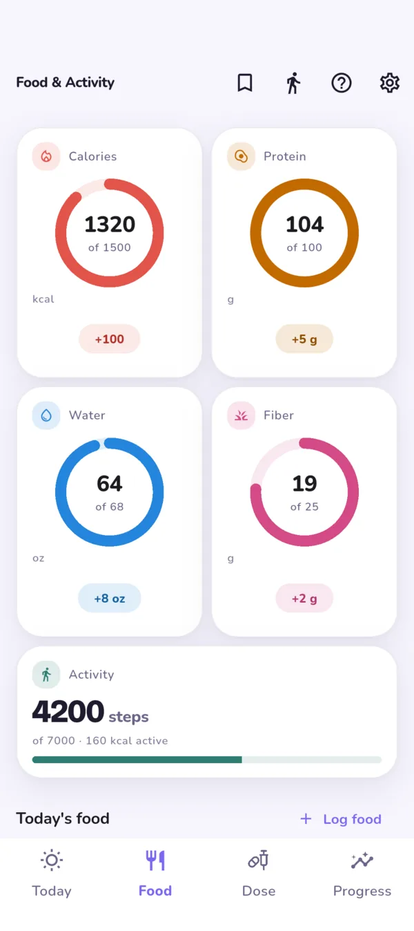 The Food
        screen: rings for calories, protein, water and fiber above the day's
        logged entries.