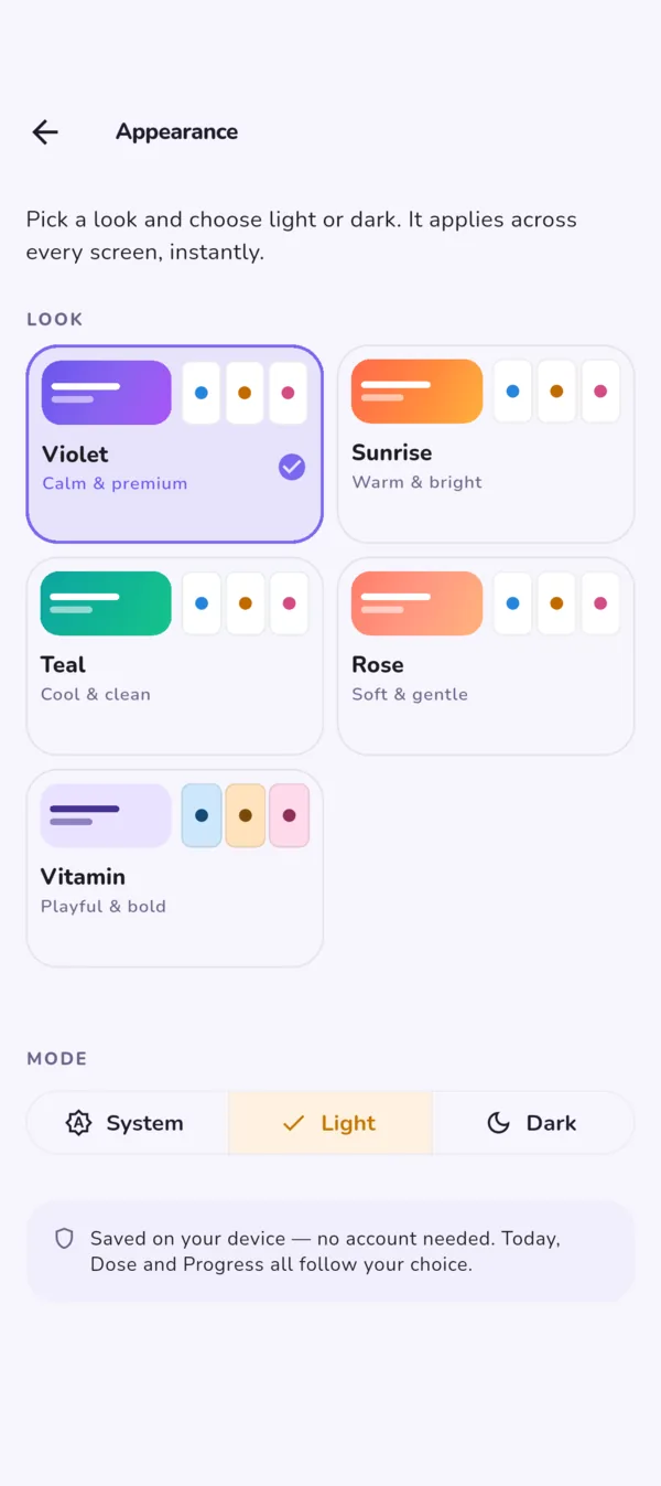 The
        appearance settings, showing five color themes and a light or dark
        choice.