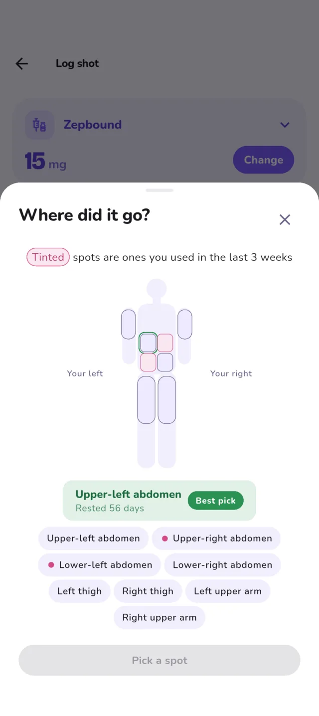 The site picker: a body figure with recently used spots tinted, and Upper-left abdomen, rested 56 days, marked Best pick.