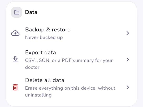 The Data section of Logbook's settings, listing Backup and
               restore, Export data, and Delete all data.
