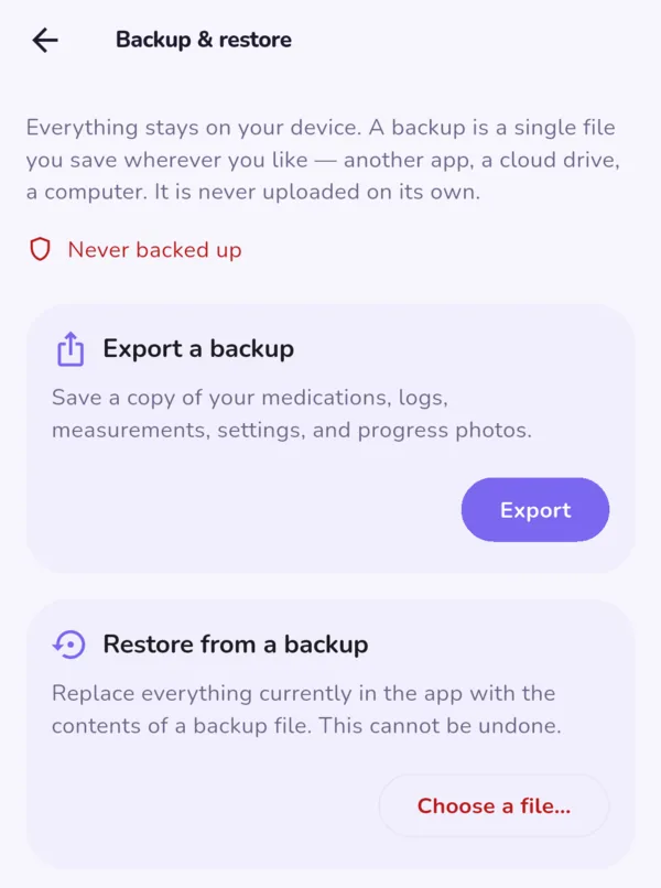 The Backup and restore screen, with an Export a backup card
               and a Restore from a backup card.